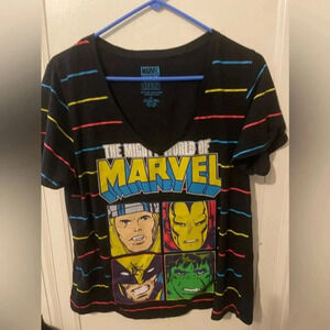 Marvel Heros Mighty World of Marvel V Neck Tee Womens XL Black Striped Avengers